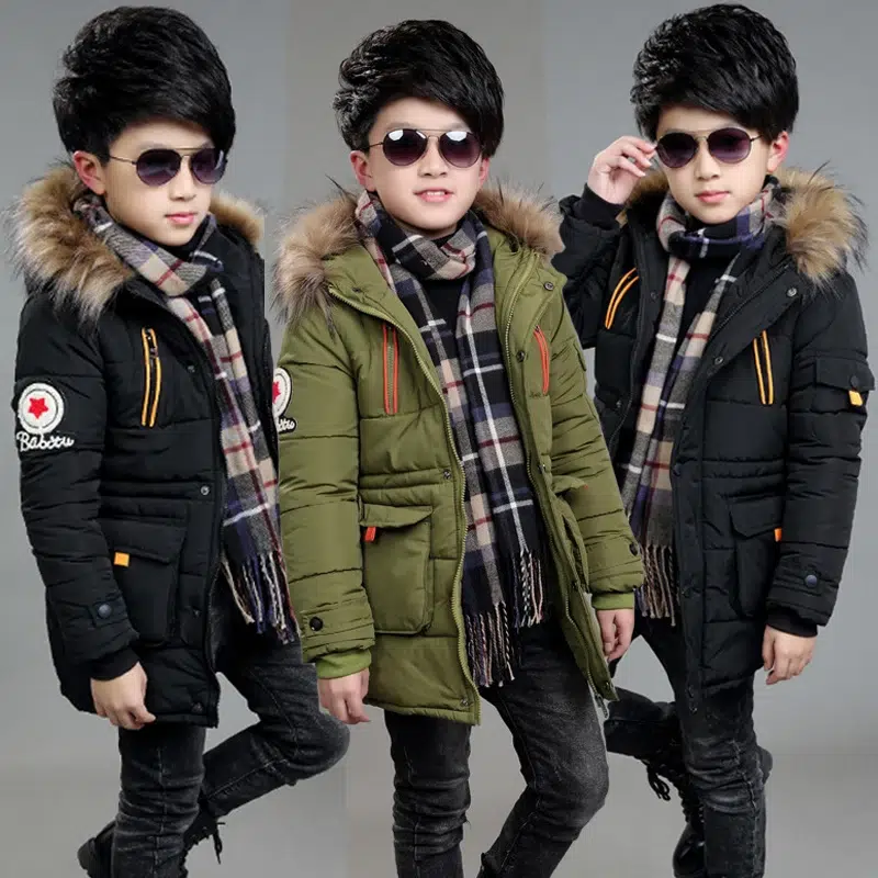 3-14 Year Warm Winter Boys Jacket Fur Collar Thick Hooded