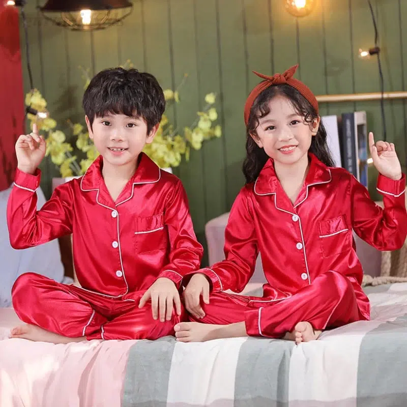 3 6 9 12 14 Year Toddler Boy Girl Pajamas Sets Silk Satin Sleepwear